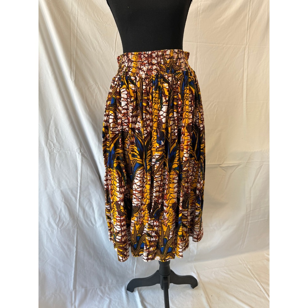 Advance Apparels Yellow Blue Cotton Smocked Waist Midi Skirt Strapless Dress OS